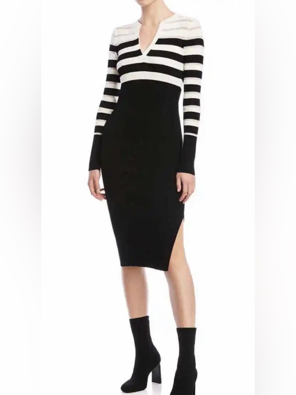 Bailey 44 Black and Cream Striped Long Sleeve Knit Midi Dress